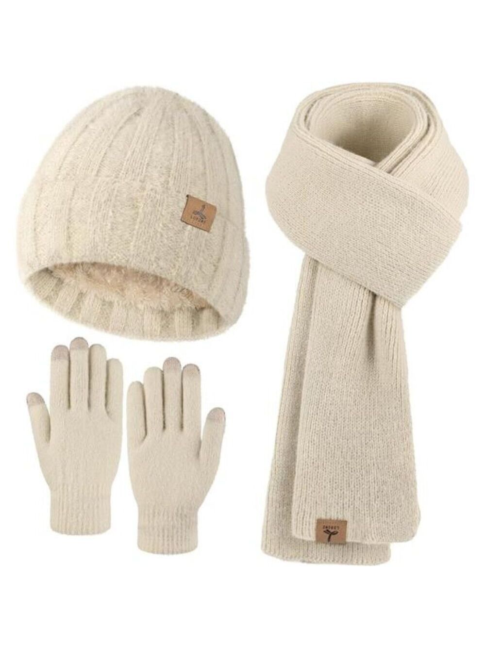 Womens Winter Beanie Scarf Gloves Set Fleece Knit Touchscreen Warm Hat